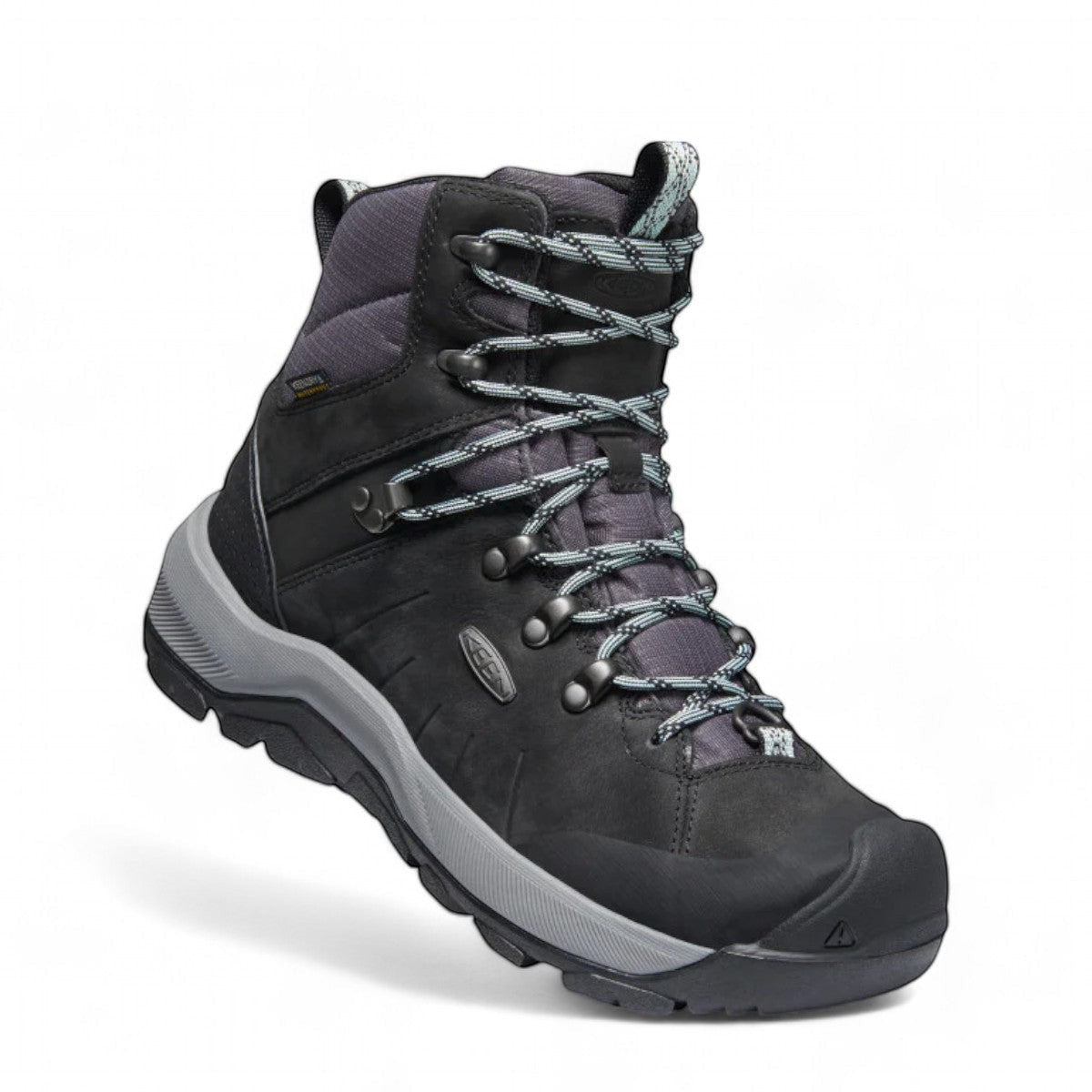KEEN REVEL IV MID POLAR waterproof leather and mesh hiking boots in black and gray with KEEN.DRY technology.