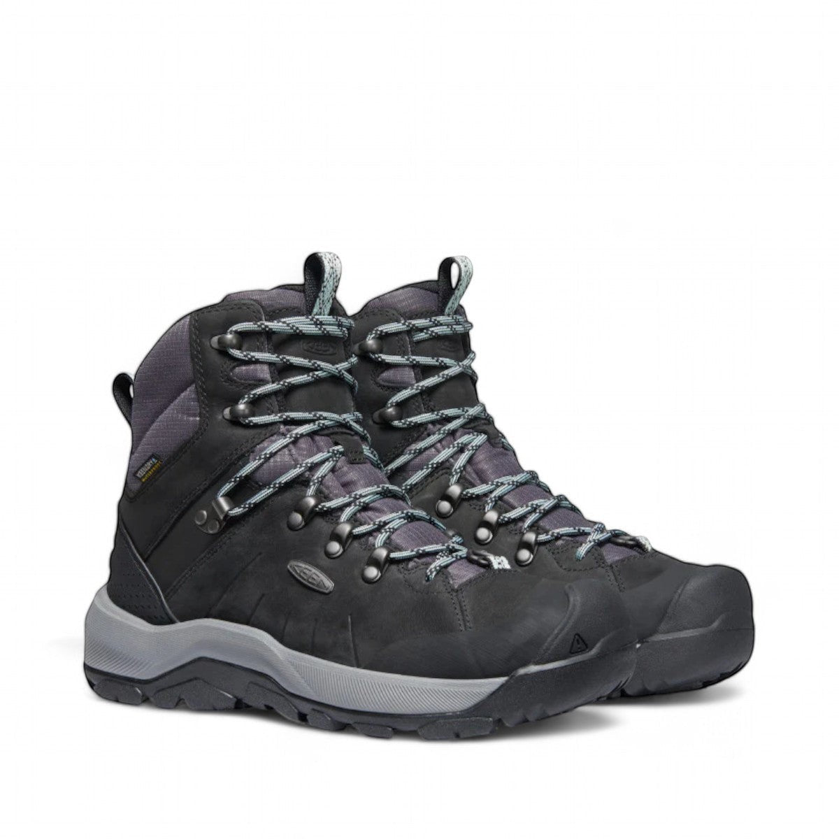 KEEN REVEL IV MID POLAR waterproof leather and mesh hiking boots in black and gray with KEEN.DRY technology.