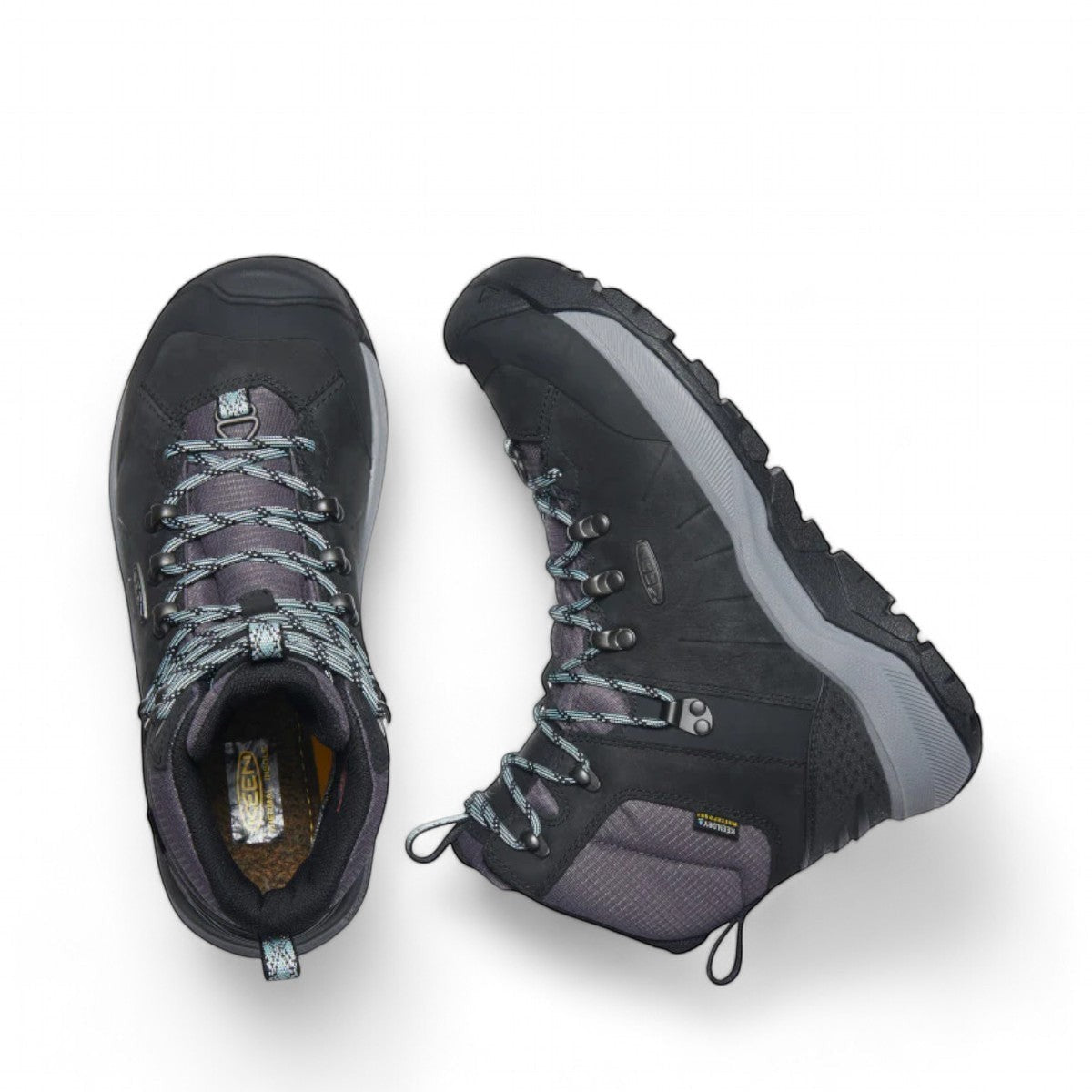 KEEN REVEL IV MID POLAR waterproof leather and mesh hiking boots in black and gray with KEEN.DRY technology.