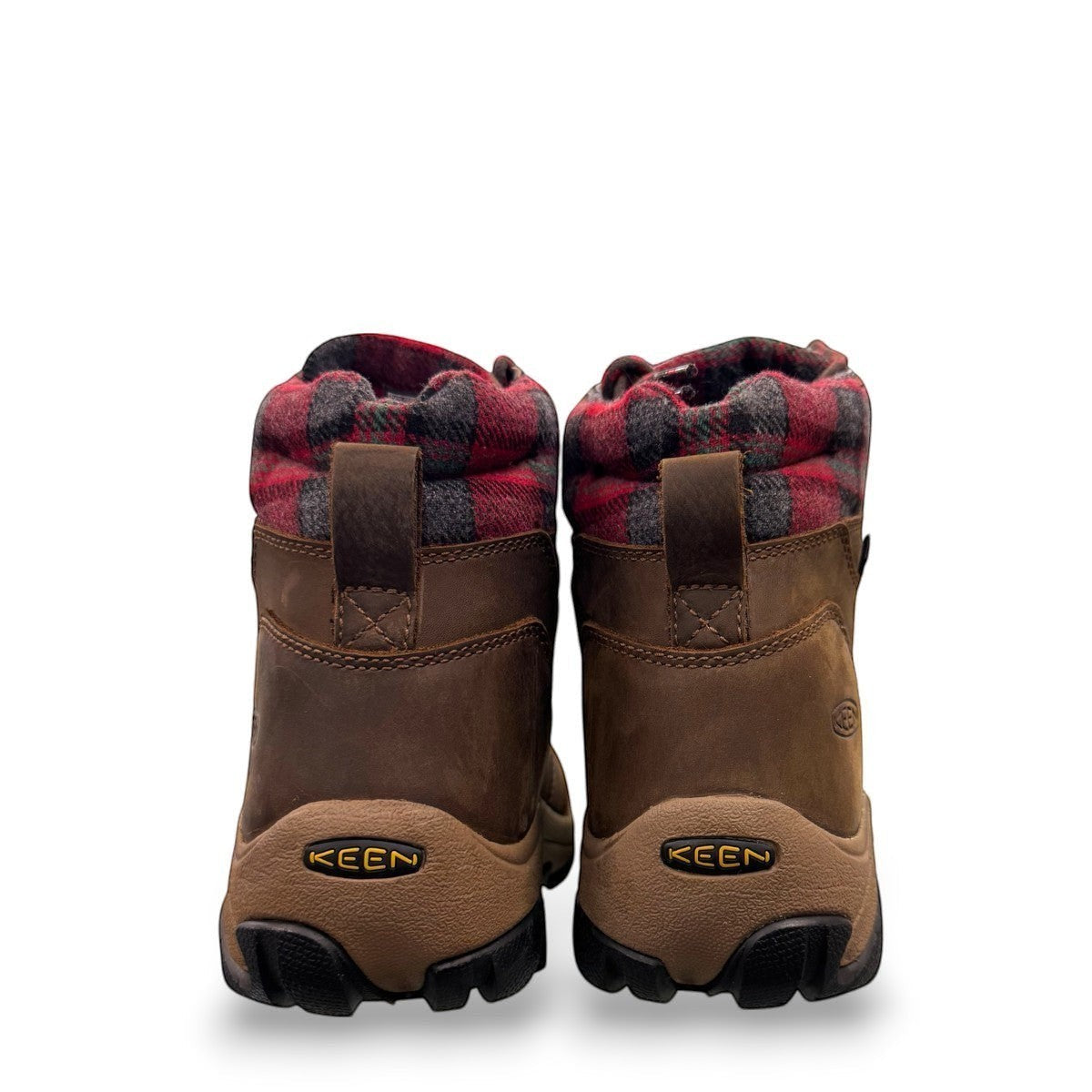 KEEN TARGHEE II WINTER BOOT WP - Dark Earth/Red Plaid waterproof leather hiking boot with red plaid collar.
