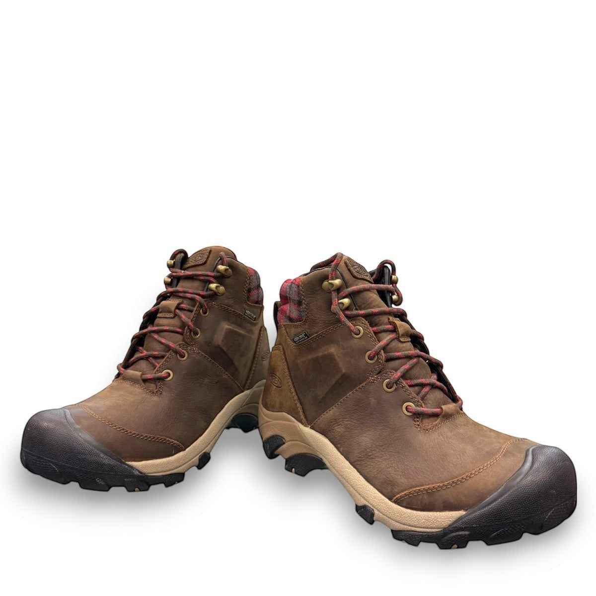 KEEN TARGHEE II WINTER BOOT WP - Dark Earth/Red Plaid waterproof leather hiking boot with red plaid collar.