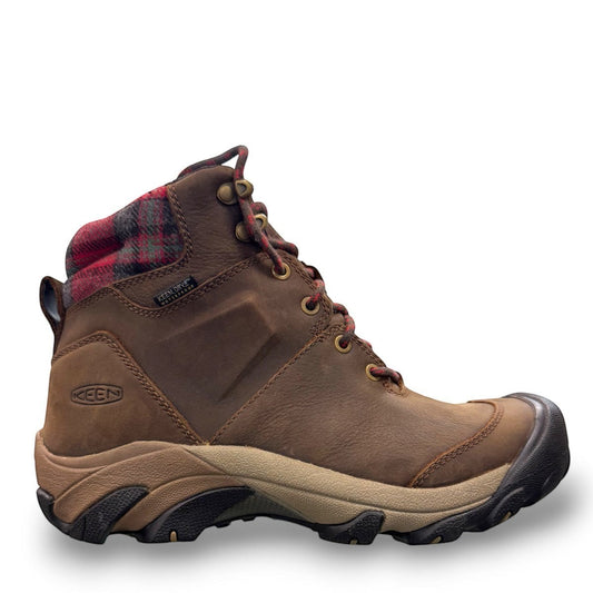 KEEN TARGHEE II WINTER BOOT WP - Dark Earth/Red Plaid waterproof leather hiking boot with red plaid collar.