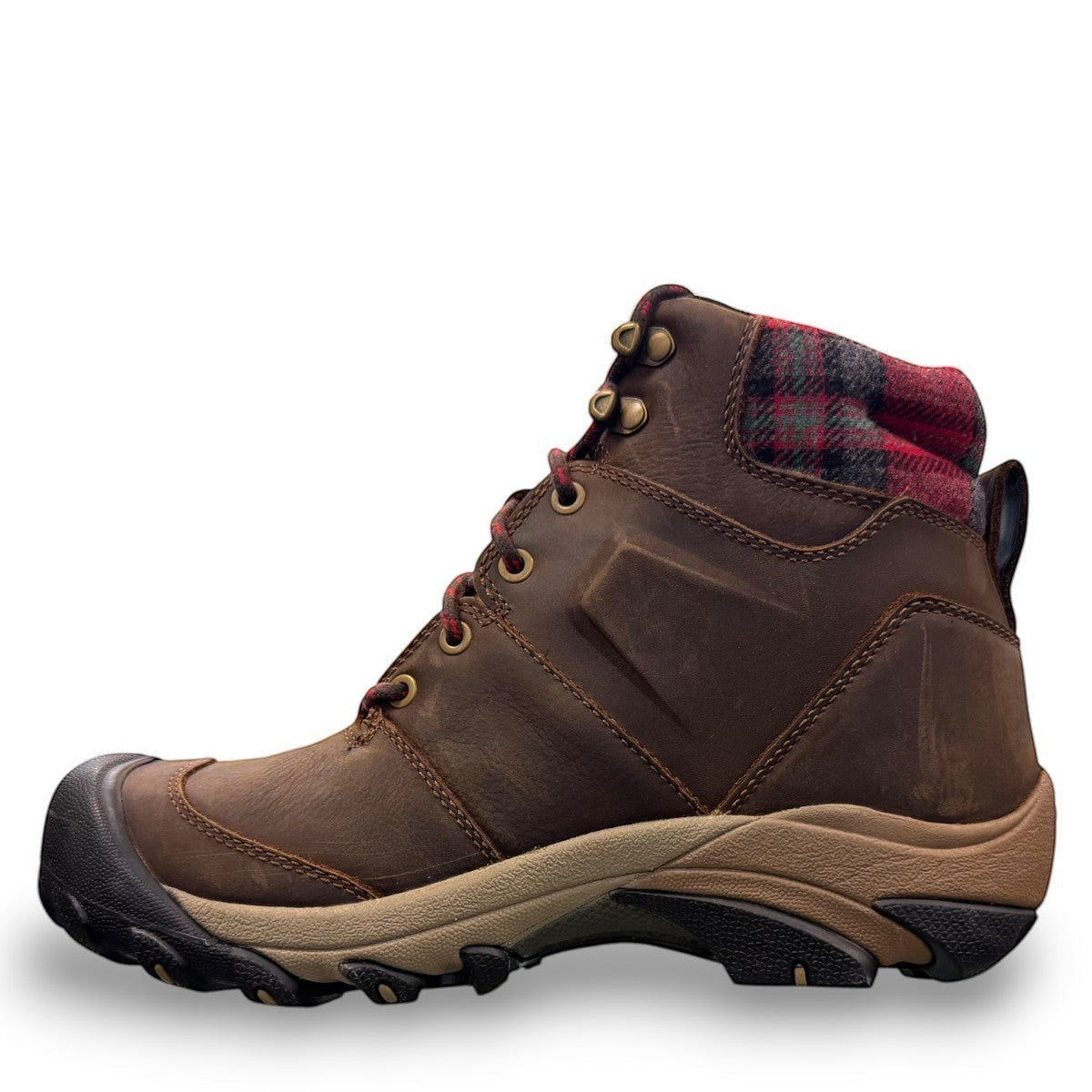 KEEN TARGHEE II WINTER BOOT WP - Dark Earth/Red Plaid waterproof leather hiking boot with red plaid collar.
