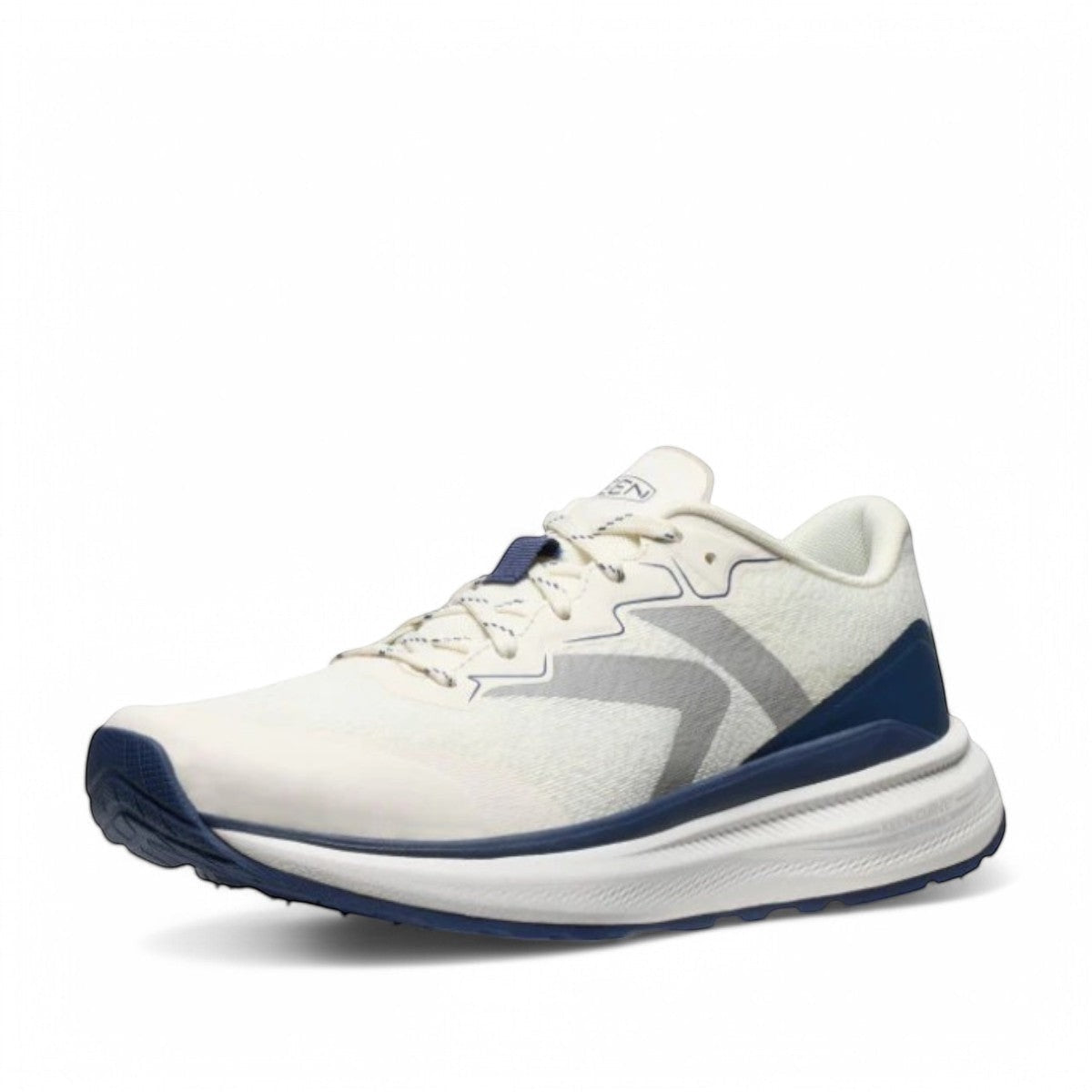 KEEN WK500 men's athletic shoe in star white and naval academy with performance mesh and curved sole.