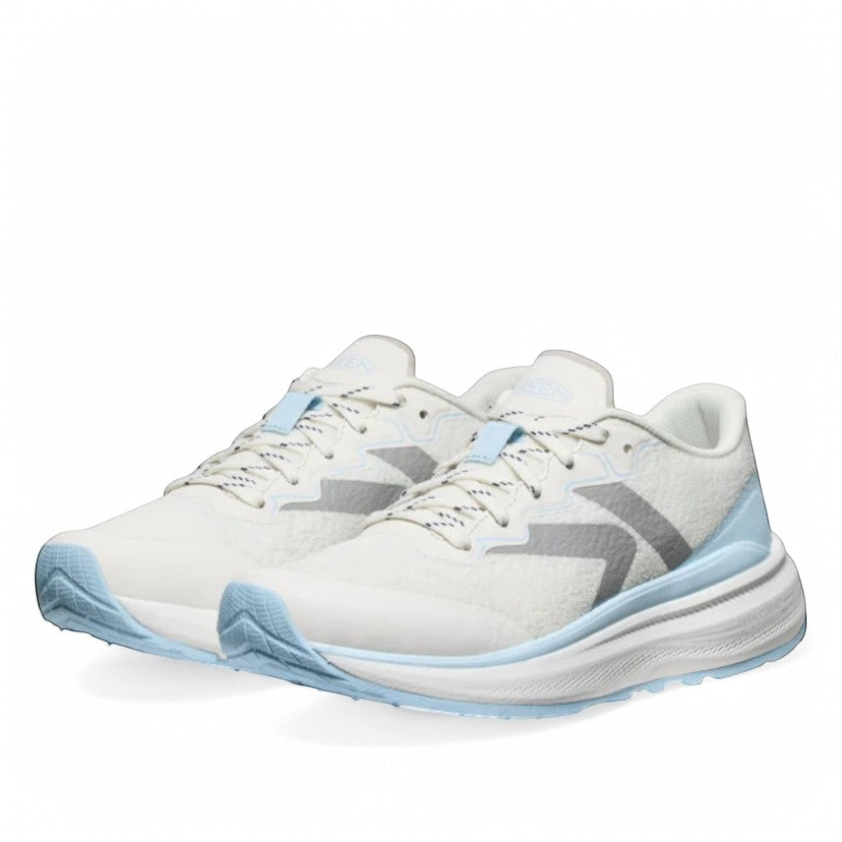 KEEN WK500 women's athletic sneaker in star white and skyway blue with mesh upper and curved sole.