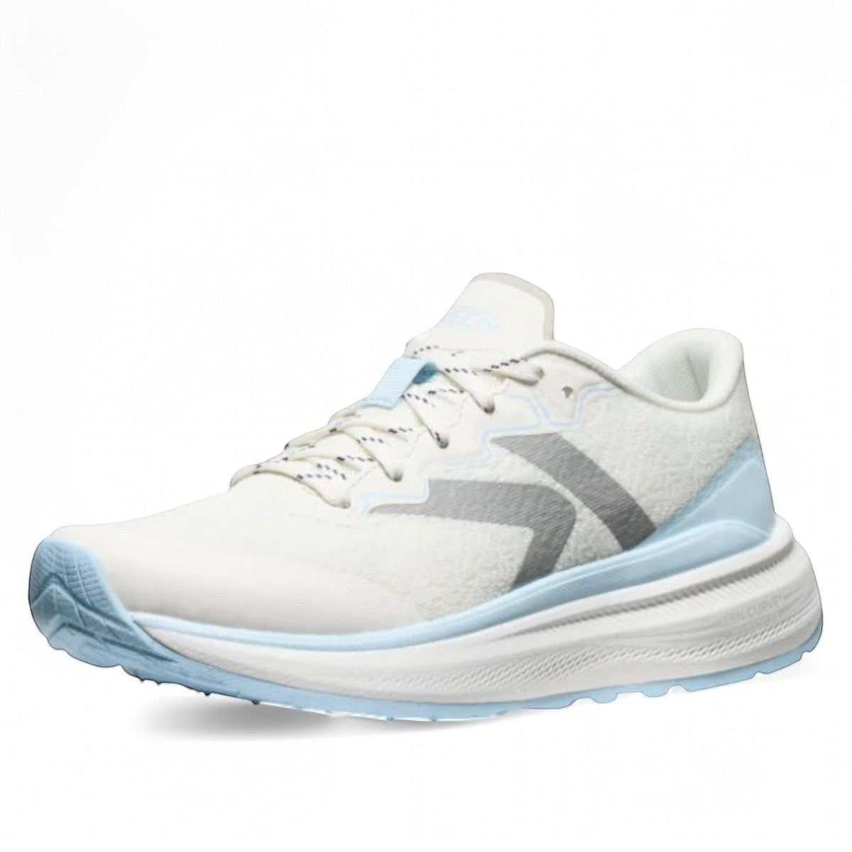 KEEN WK500 women's athletic sneaker in star white and skyway blue with mesh upper and curved sole.