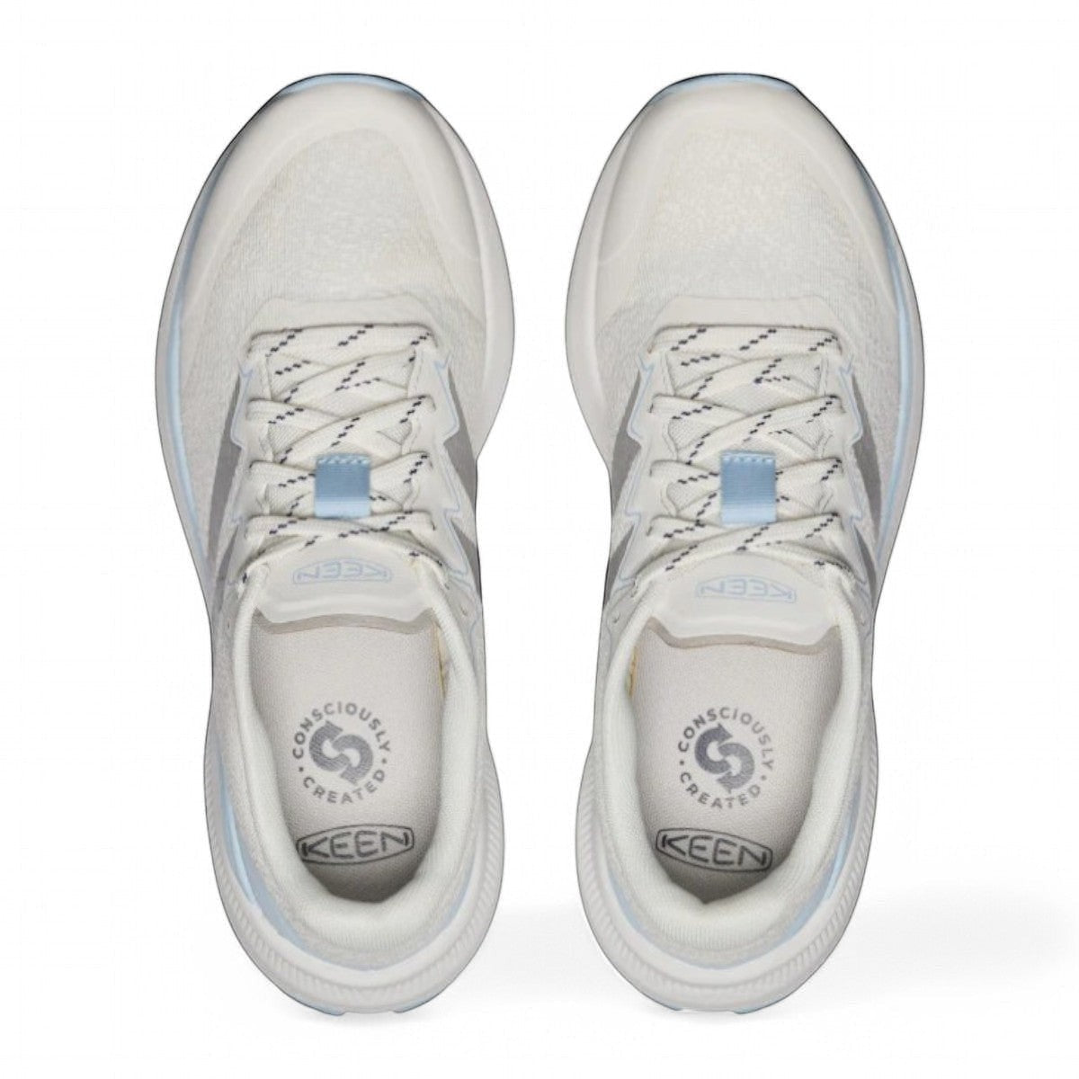 KEEN WK500 women's athletic sneaker in star white and skyway blue with mesh upper and curved sole.