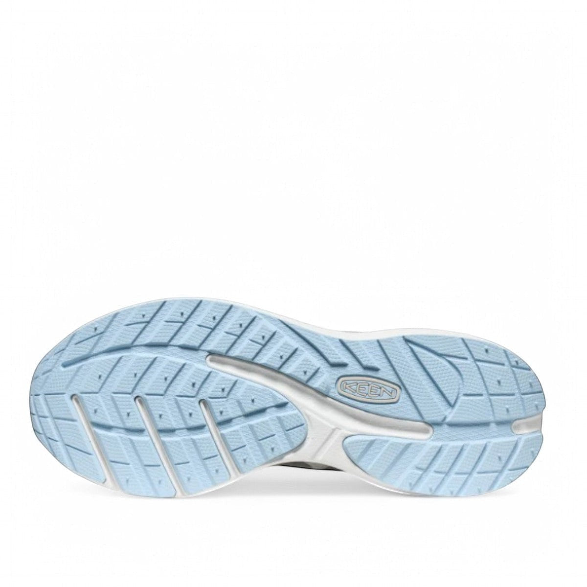 KEEN WK500 women's athletic sneaker in star white and skyway blue with mesh upper and curved sole.