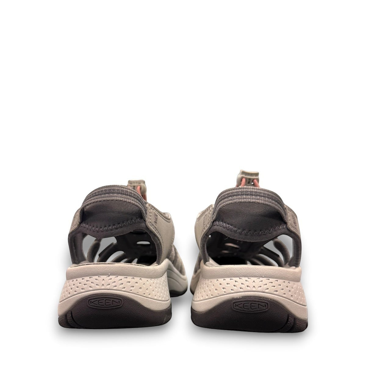 KEEN Astoria West women's hybrid sandal in gray with coral accents. Features recycled materials and a slip-on design.
