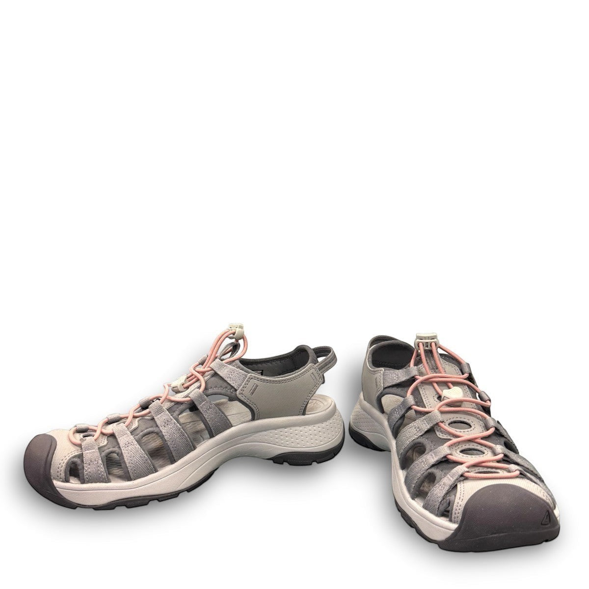 KEEN Astoria West women's hybrid sandal in gray with coral accents. Features recycled materials and a slip-on design.