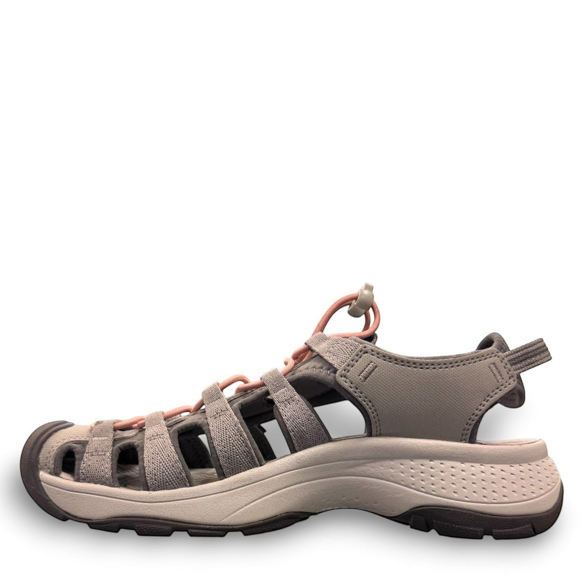 KEEN Astoria West women's hybrid sandal in gray with coral accents. Features recycled materials and a slip-on design.