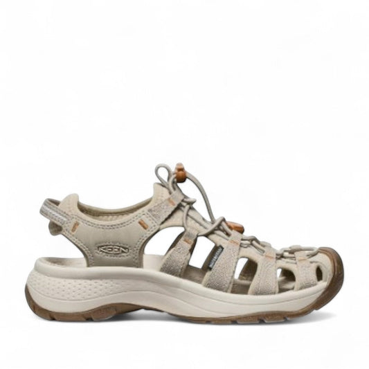 KEEN Astoria West women's taupe and pecan hybrid water sandals with bungee cinch and toe bumper.