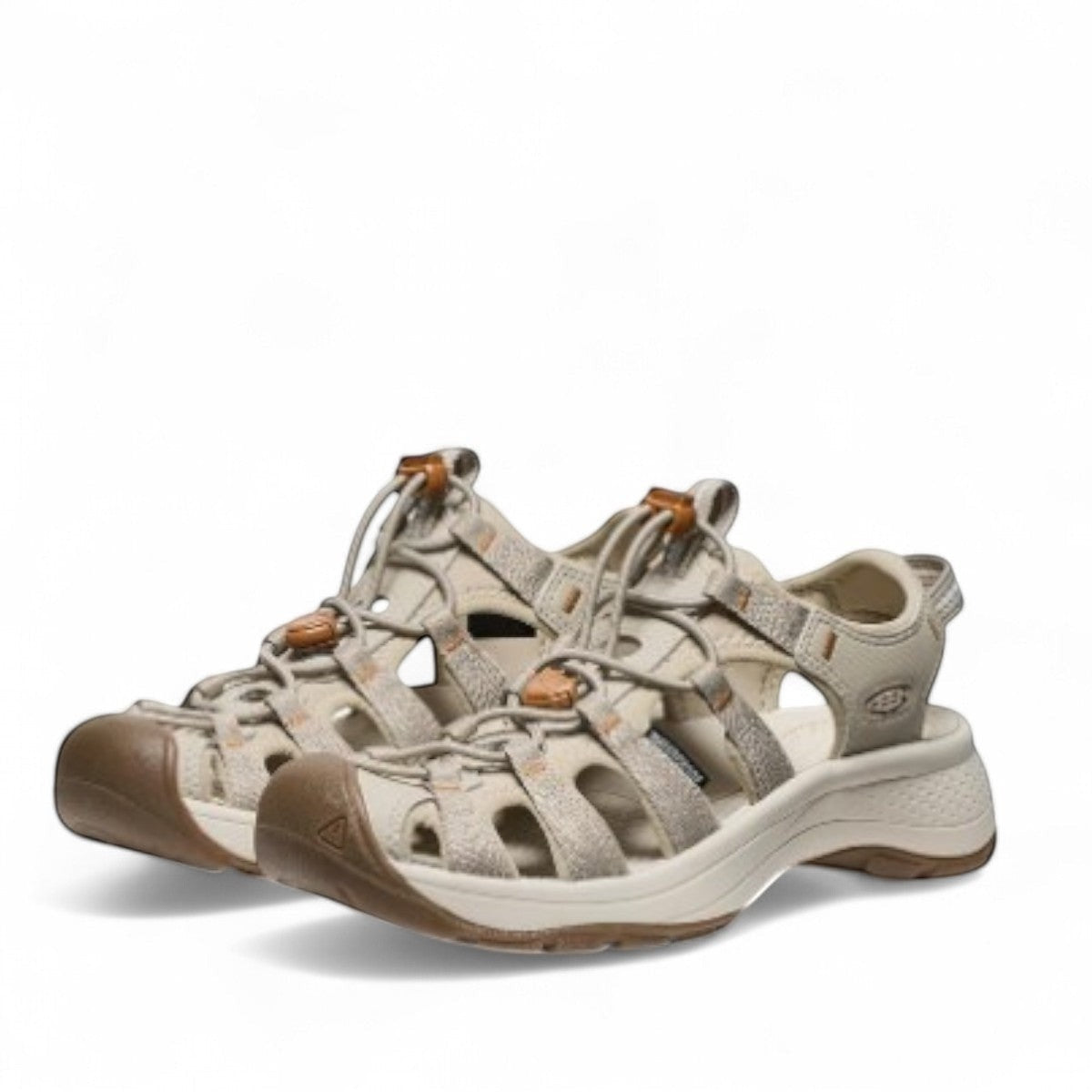 KEEN Astoria West women's taupe and pecan hybrid water sandals with bungee cinch and toe bumper.