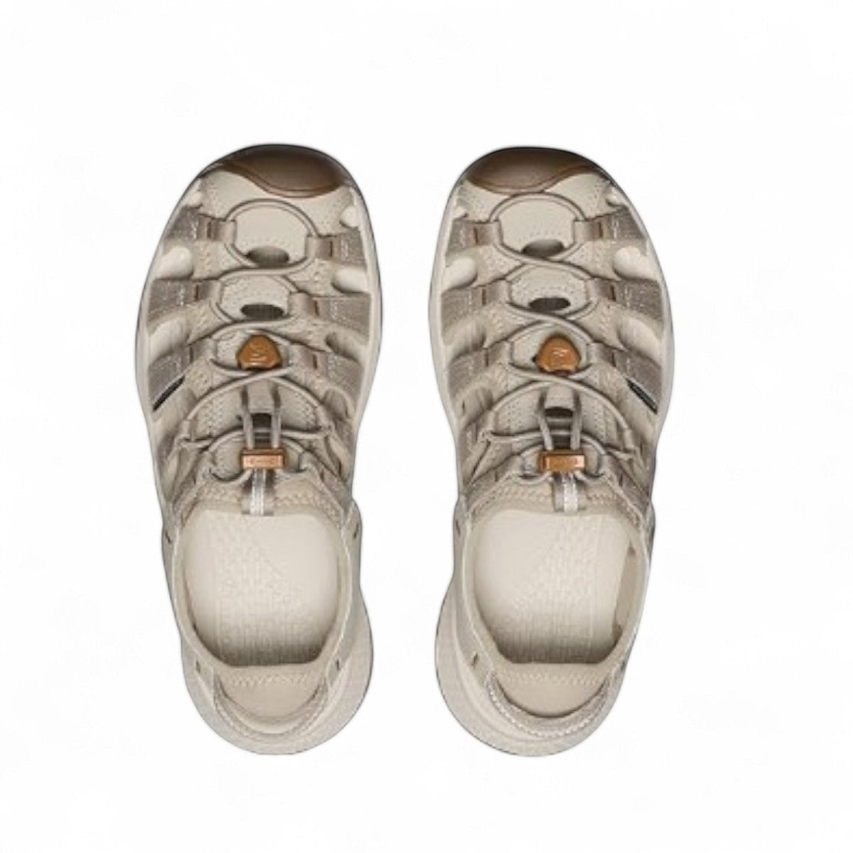 KEEN Astoria West women's taupe and pecan hybrid water sandals with bungee cinch and toe bumper.