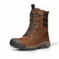 KEEN women's Greta waterproof winter boot in bison and java brown leather with a quilted collar and lace-up front