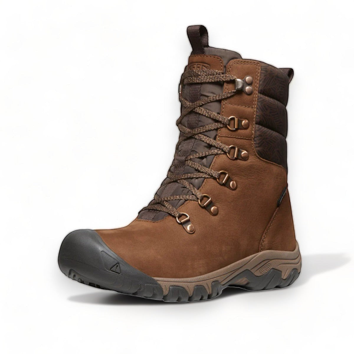 KEEN women's Greta waterproof winter boot in bison and java brown leather with a quilted collar and lace-up front