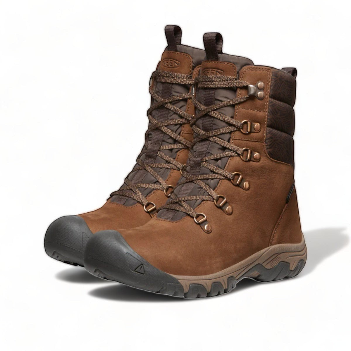 KEEN women's Greta waterproof winter boot in bison and java brown leather with a quilted collar and lace-up front