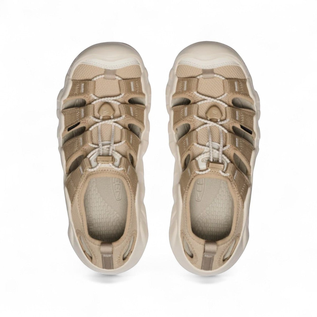 KEEN women's hyperport h2 chipmunk/ beige hybrid water sandal with bungee cinch and protective toe bumper.