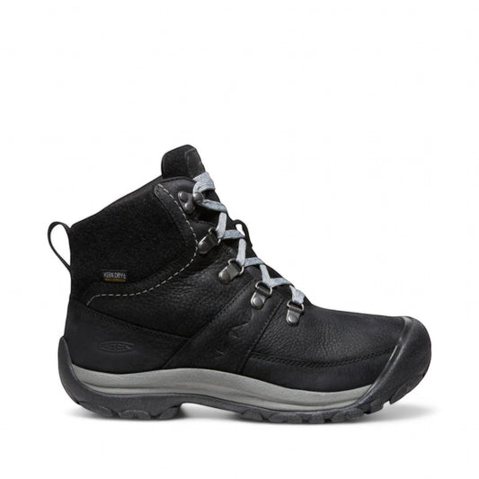 KEEN Kaci III waterproof winter boot in black leather with grey laces and protective toe bumper.