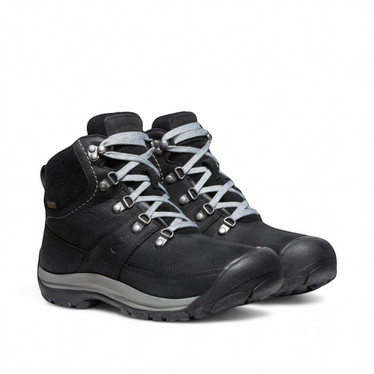 KEEN Kaci III waterproof winter boot in black leather with grey laces and protective toe bumper.