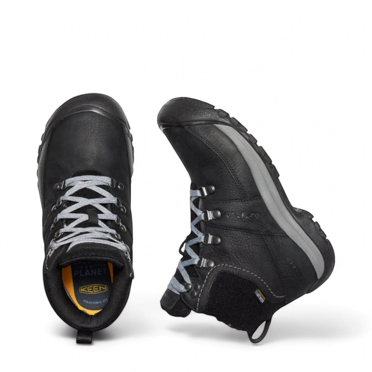 KEEN Kaci III waterproof winter boot in black leather with grey laces and protective toe bumper.
