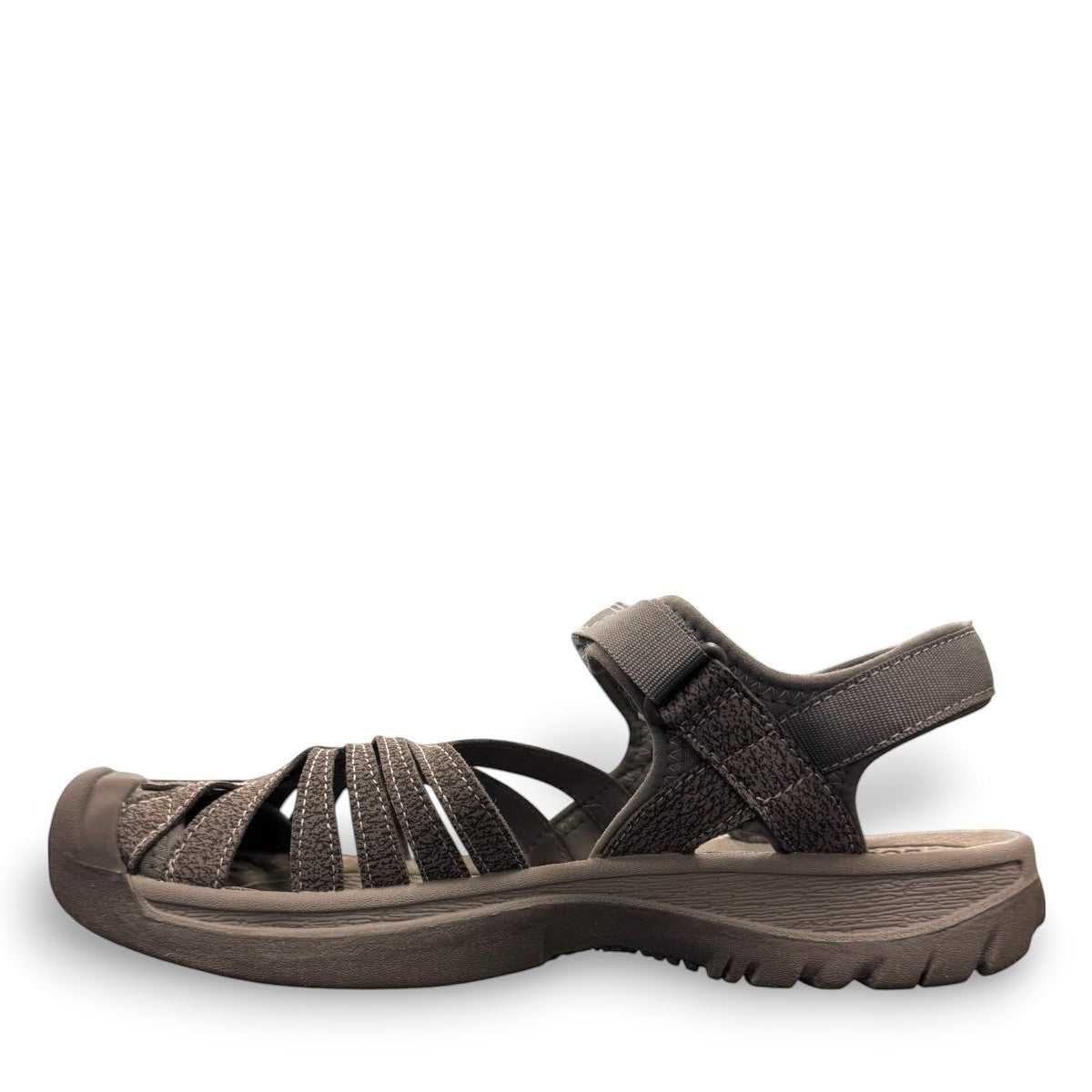KEEN Women's Rose Sandal in grey gargoyle and raven featuring washable polyester webbing and toe bumper.