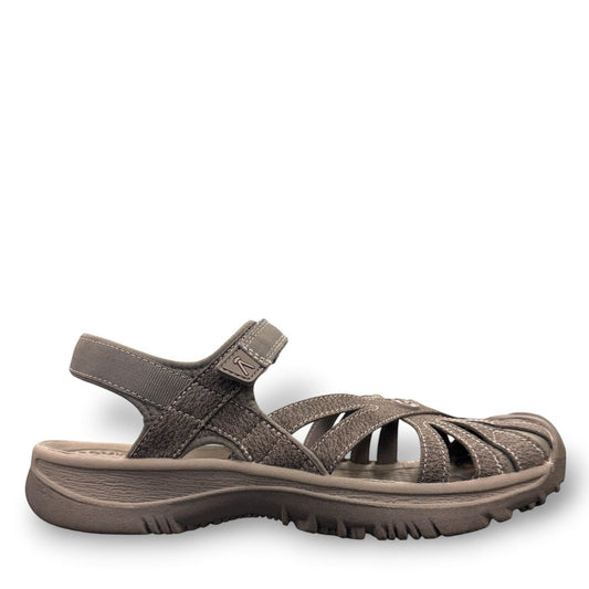 KEEN Women's Rose Sandal in grey gargoyle and raven featuring washable polyester webbing and toe bumper.