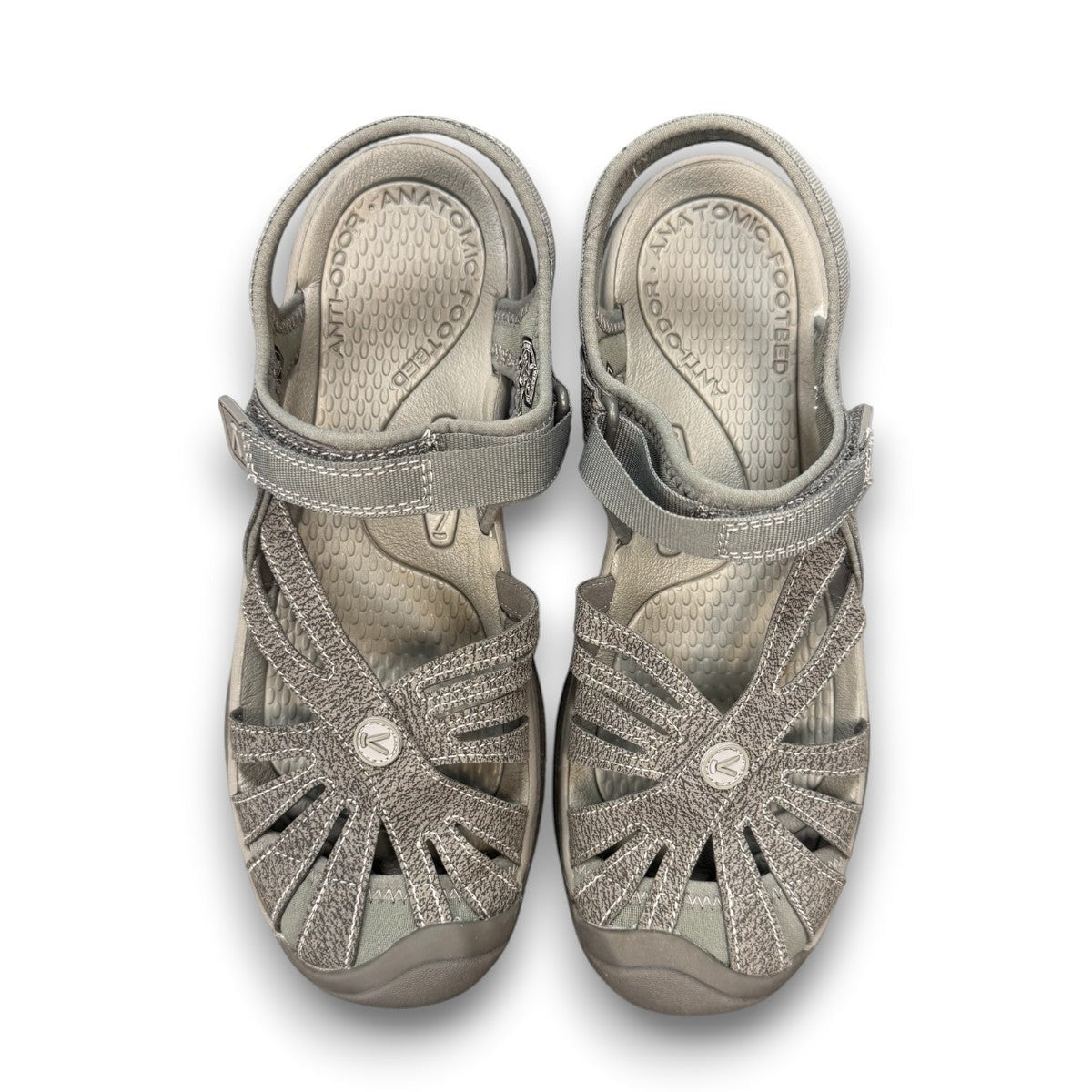 KEEN Women's Rose Sandal in grey gargoyle and raven featuring washable polyester webbing and toe bumper.