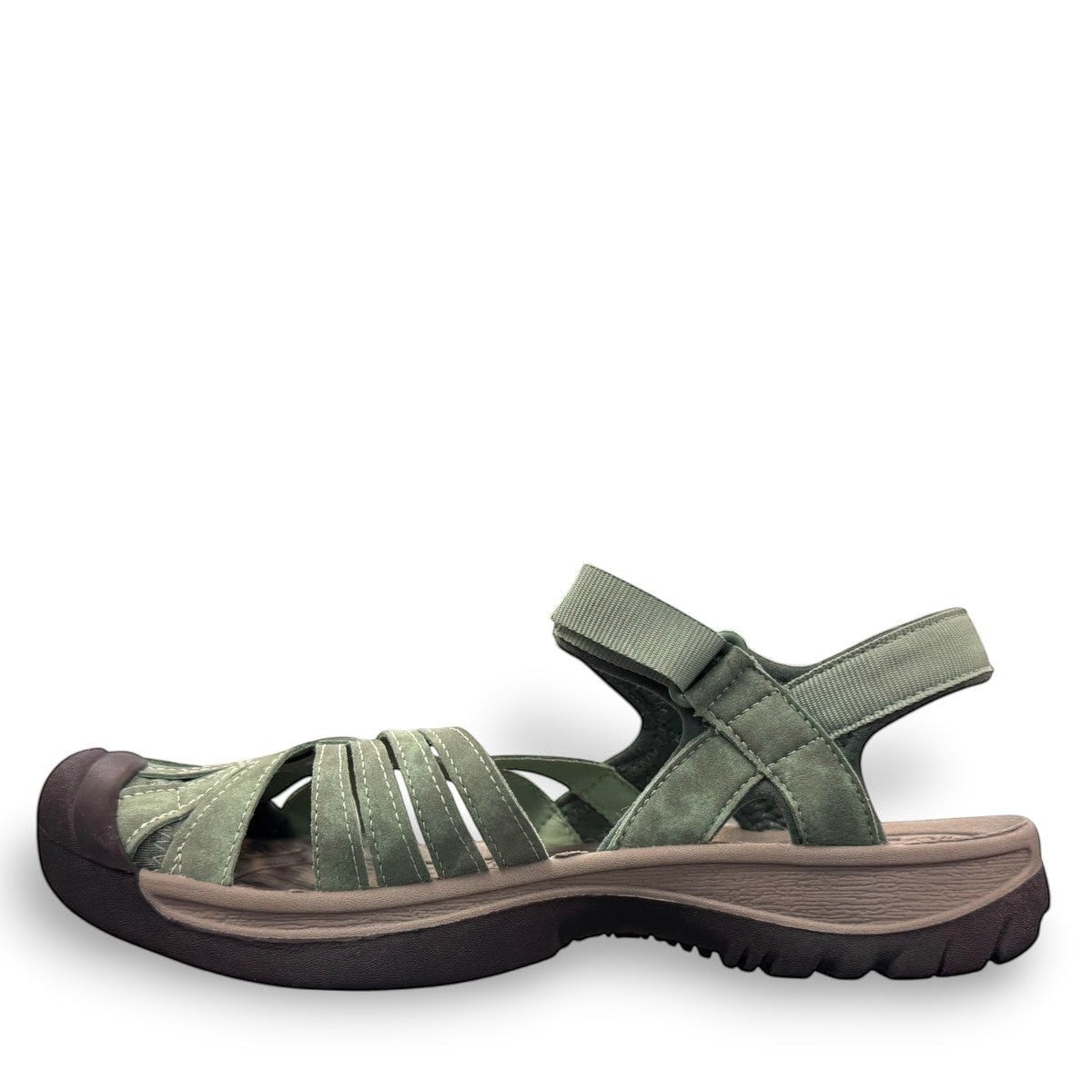 women's KEEN Rose sandal in granite green polyester webbing with adjustable straps and toe bumper.