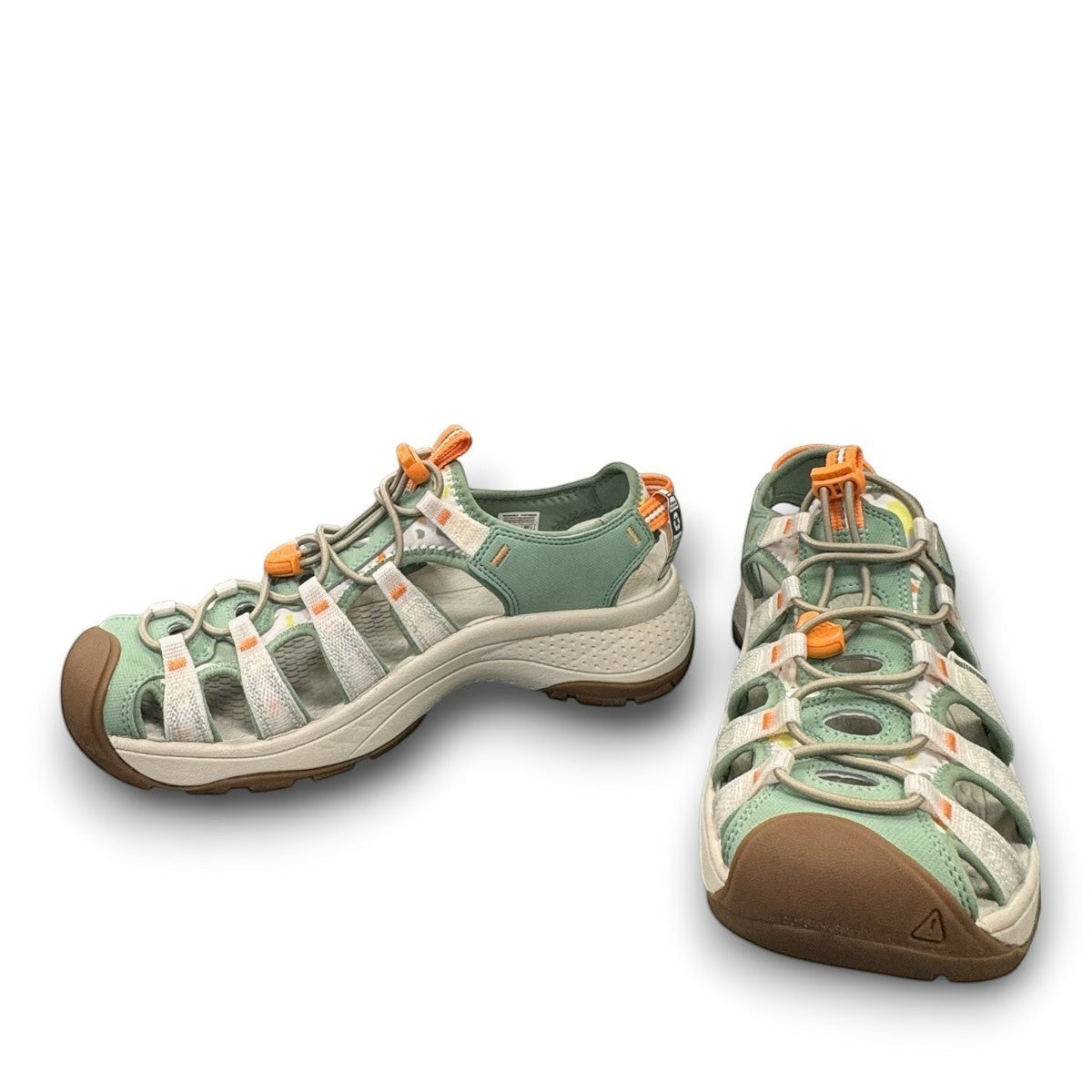 KEEN Astoria West women's hybrid water sandal in terrazzo/granite green with bungee laces and arch support.