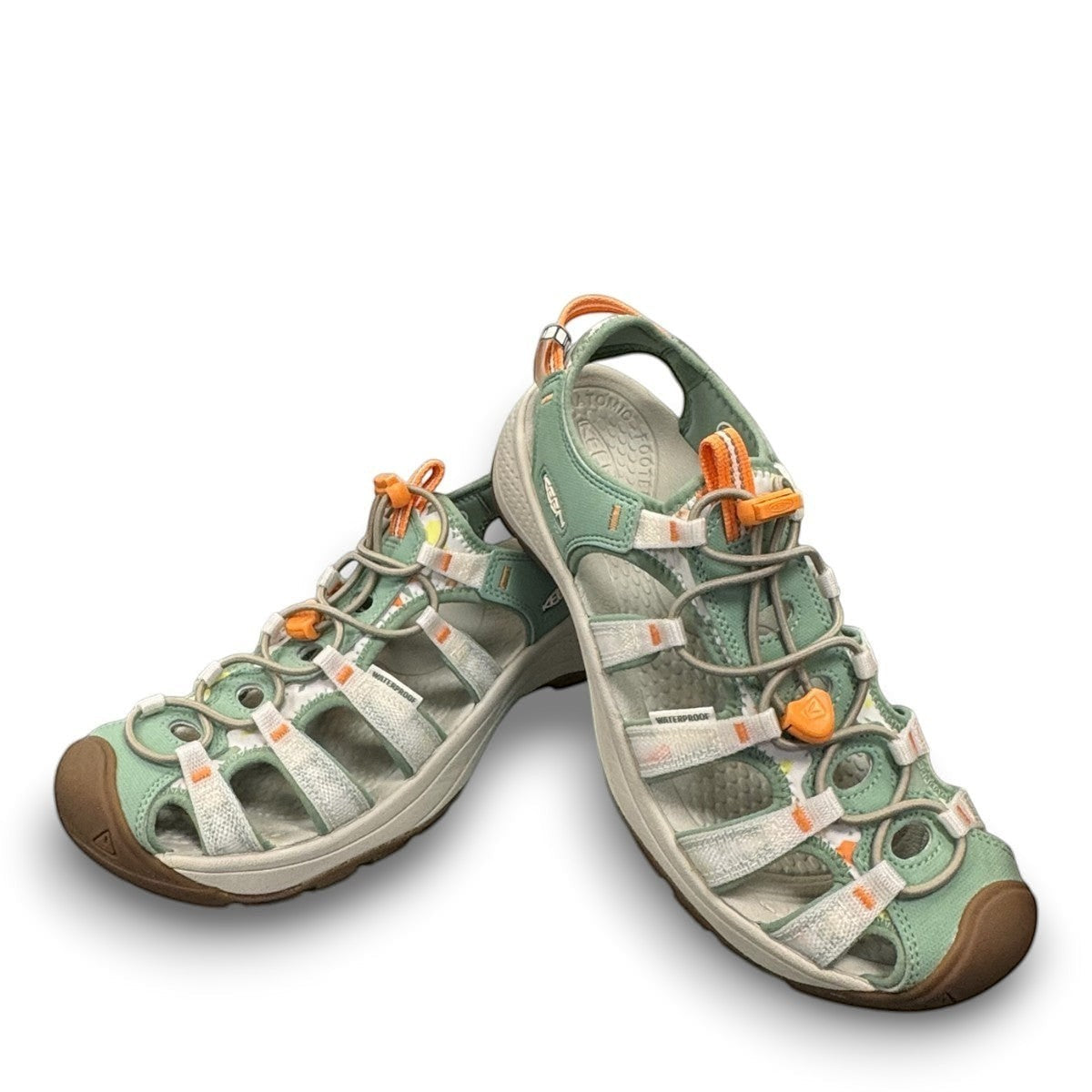 KEEN Astoria West women's hybrid water sandal in terrazzo/granite green with bungee laces and arch support.