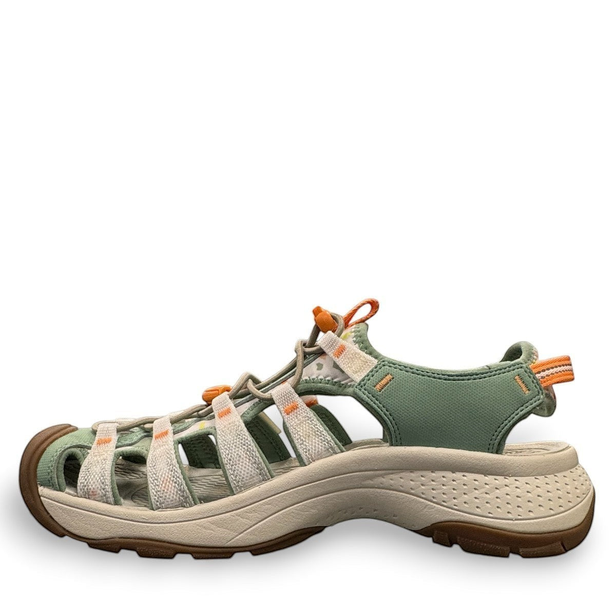 KEEN Astoria West women's hybrid water sandal in terrazzo/granite green with bungee laces and arch support.