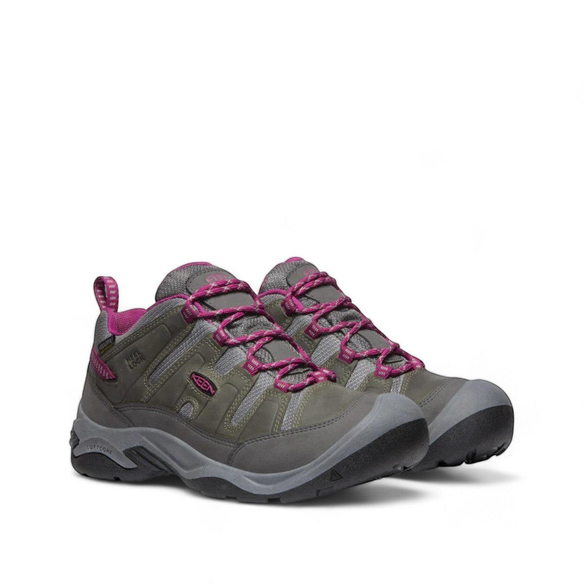 KEEN women's Circadia waterproof hiking shoe in steel grey and boysenberry with KEEN.DRY technology. Leather and mesh upper.