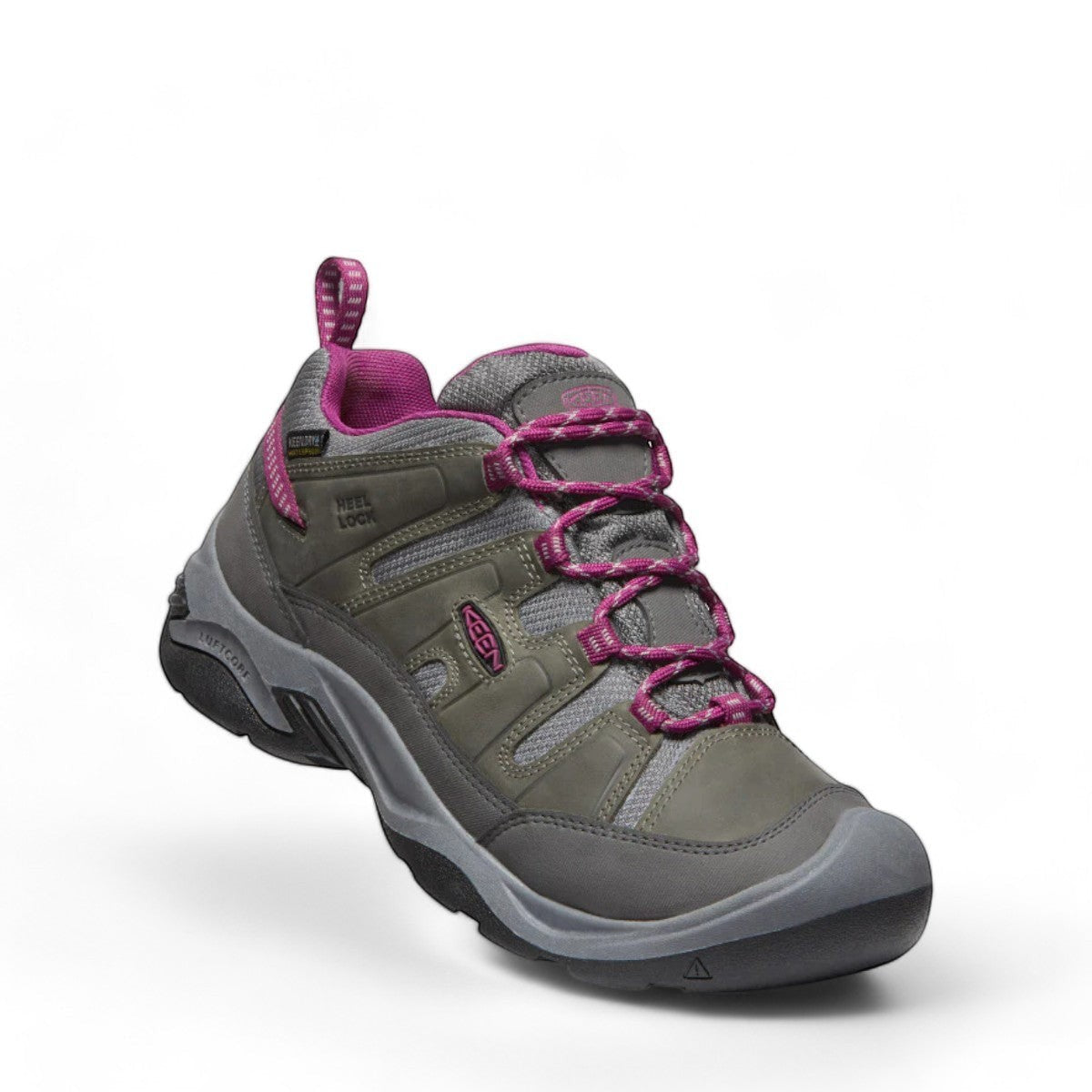 KEEN women's Circadia waterproof hiking shoe in steel grey and boysenberry with KEEN.DRY technology. Leather and mesh upper.