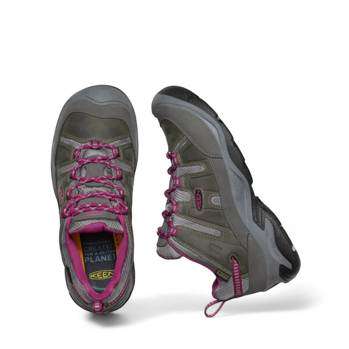 KEEN women's Circadia waterproof hiking shoe in steel grey and boysenberry with KEEN.DRY technology. Leather and mesh upper.