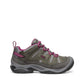 KEEN women's Circadia waterproof hiking shoe in steel grey and boysenberry with KEEN.DRY technology. Leather and mesh upper.