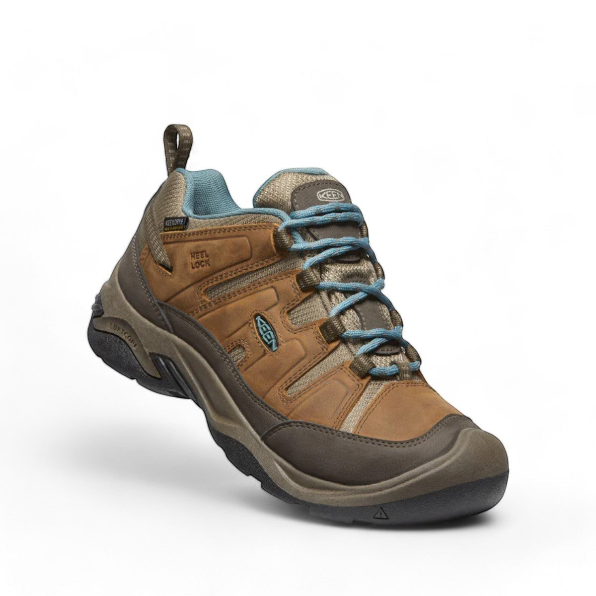 KEEN WOMEN'S CIRCADIA waterproof hiking shoe in syrup brown leather with blue accents and a grippy outsole.