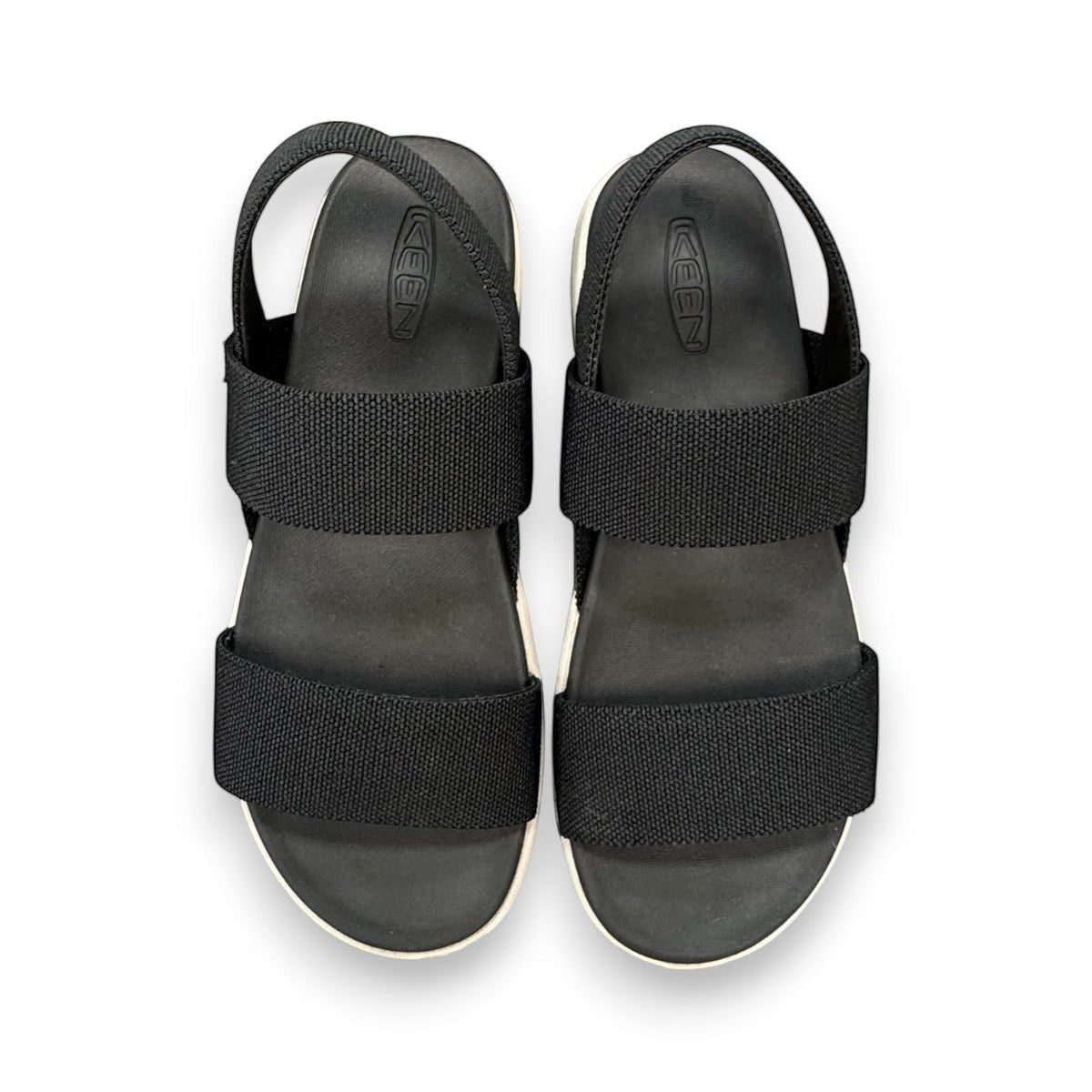 Sina Footwear KEEN women's black recycled PET elastic strap sandals with contoured fit and arch support.