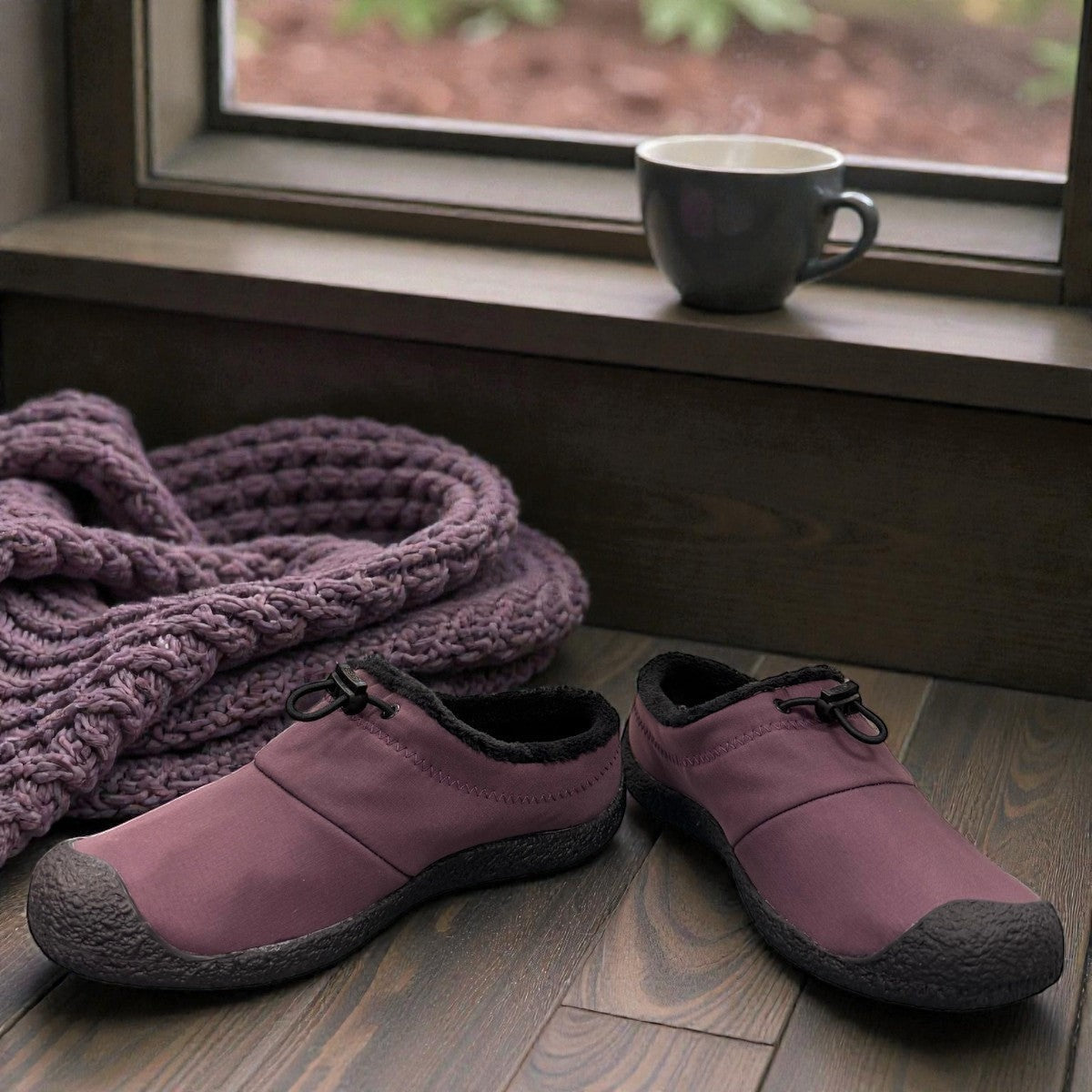 KEEN WOMEN'S HOWSER III SLIDE - Absinthe Green/Plum Perfect slip-on shoes with bungee cinch and recycled materials.