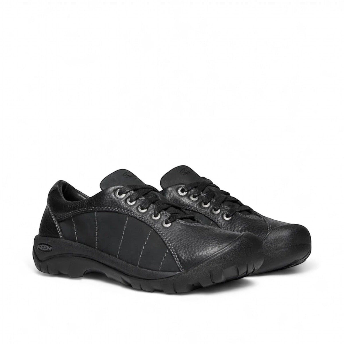 KEEN WOMEN PRESIDIO black magnet leather lace-up shoes with rubber toe bumper and contrast stitching.