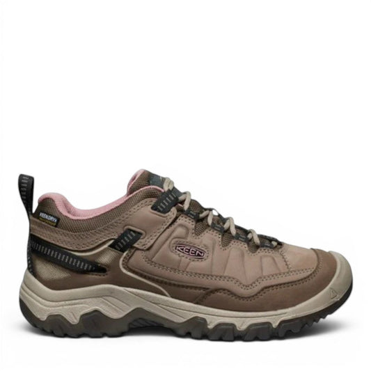 KEEN WOMEN'S TARGHEE IV (WP) hiking shoe in brindle and nostalgia rose waterproof nubuck leather with pink accents.