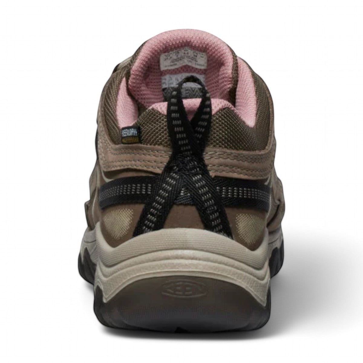 KEEN WOMEN'S TARGHEE IV (WP) hiking shoe in brindle and nostalgia rose waterproof nubuck leather with pink accents.