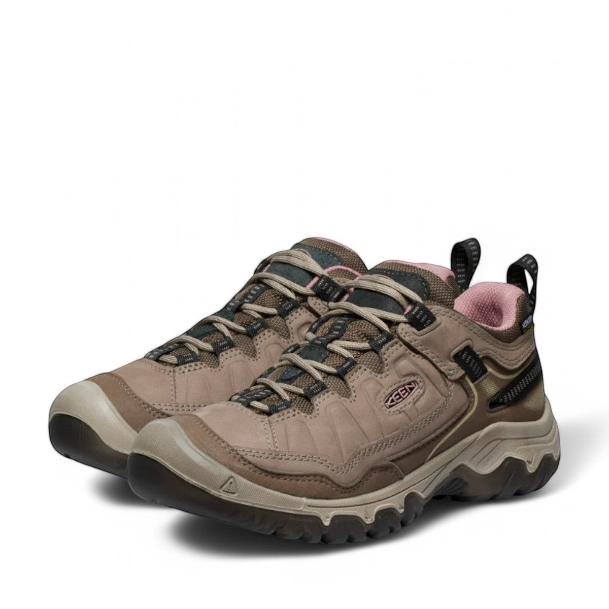 KEEN WOMEN'S TARGHEE IV (WP) hiking shoe in brindle and nostalgia rose waterproof nubuck leather with pink accents.
