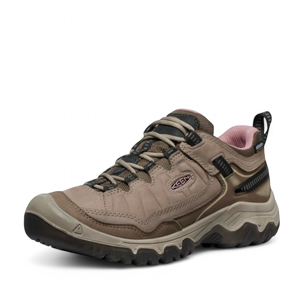 KEEN WOMEN'S TARGHEE IV (WP) hiking shoe in brindle and nostalgia rose waterproof nubuck leather with pink accents.