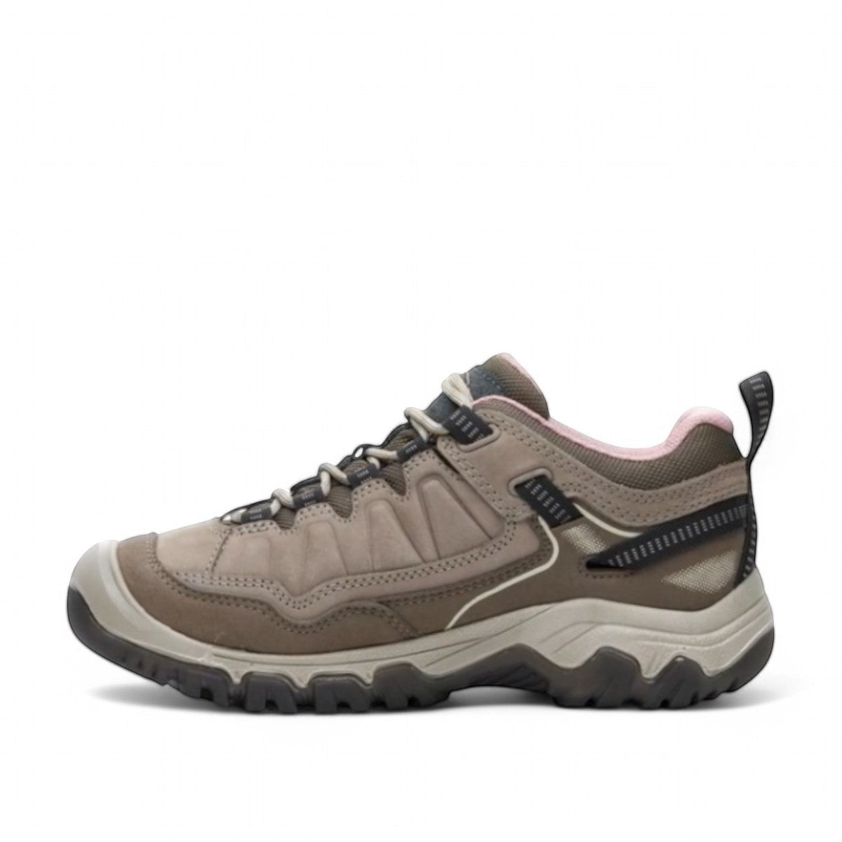 KEEN WOMEN'S TARGHEE IV (WP) hiking shoe in brindle and nostalgia rose waterproof nubuck leather with pink accents.