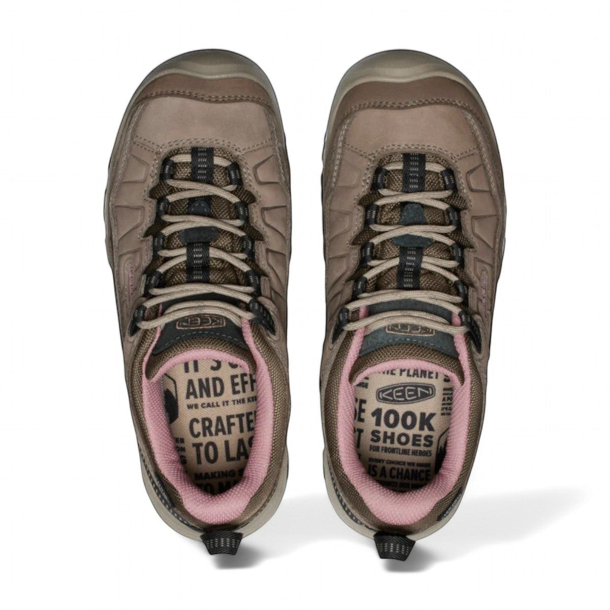 KEEN WOMEN'S TARGHEE IV (WP) hiking shoe in brindle and nostalgia rose waterproof nubuck leather with pink accents.