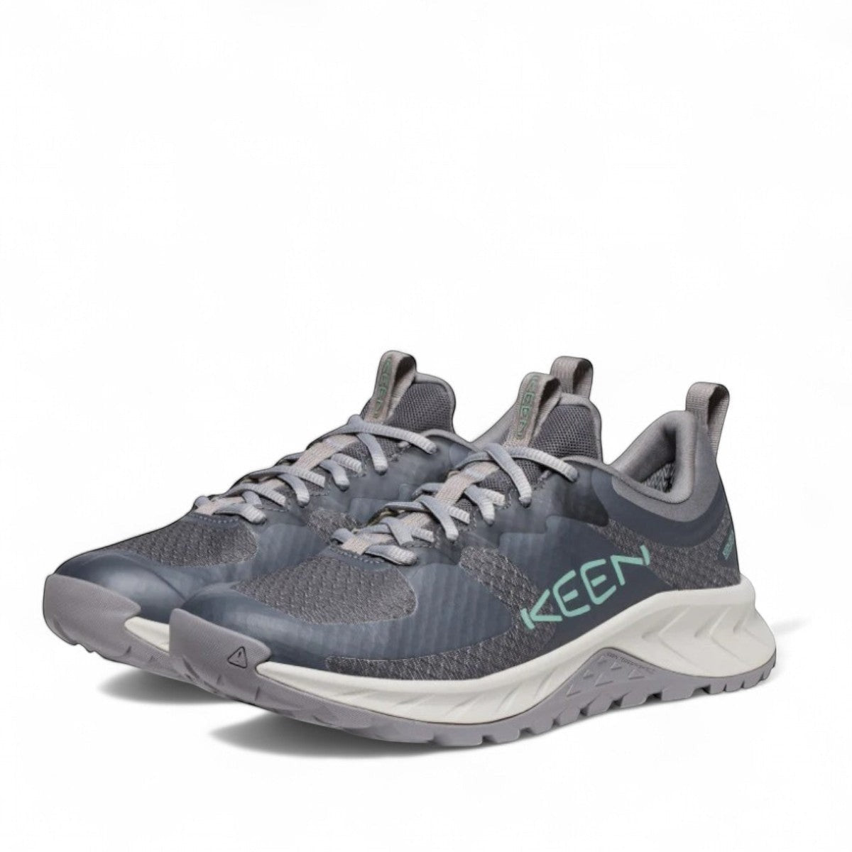KEEN VersaCore WP waterproof athletic hiker in magnet grey and granite green with a high-traction sole.
