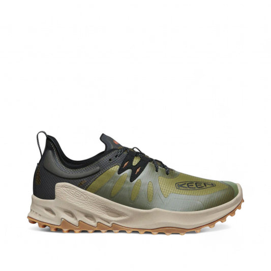 KEEN Zionic Speed hiking shoes in dark olive green with scarlet ibis accents. Features waterproof KEEN.DRY membrane and recycled materials.