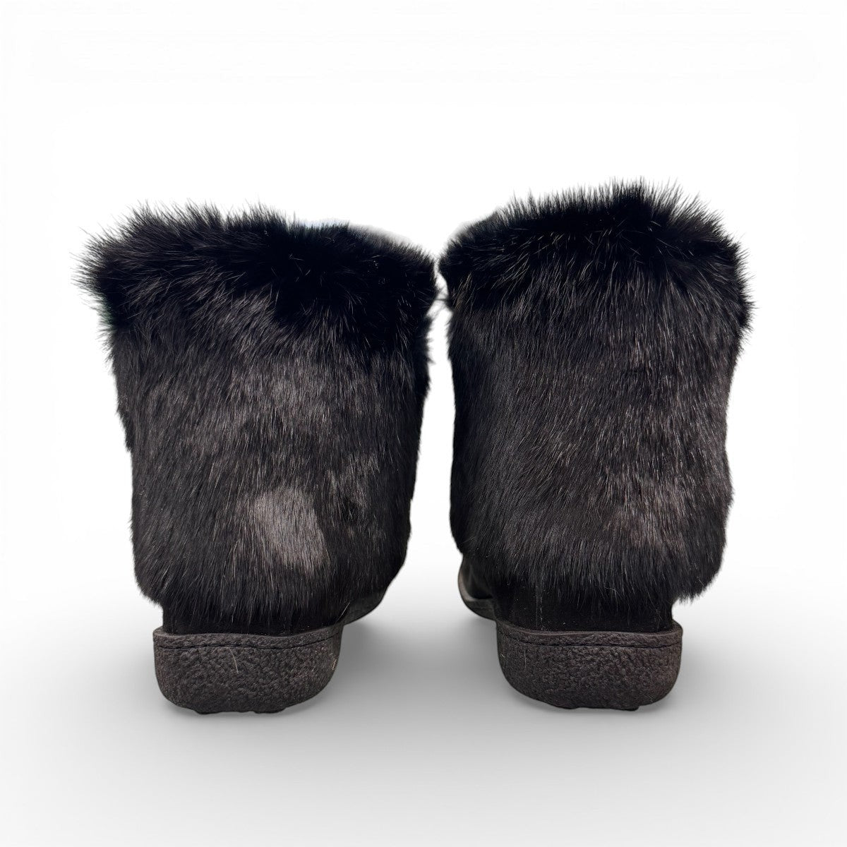 Laurentian Chief black waterproof suede mukluk with natural rabbit fur trim and durable crepe sole
