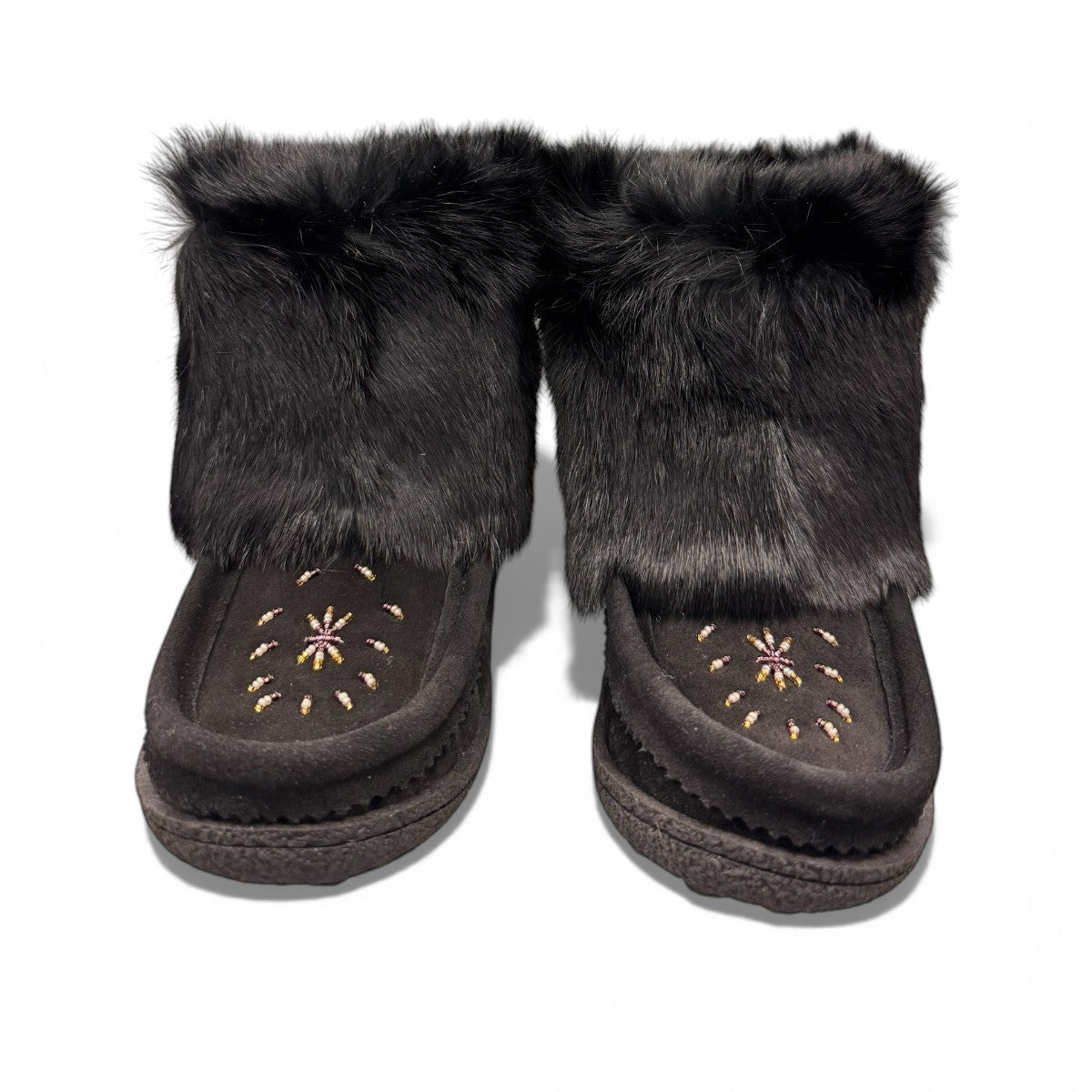 Laurentian Chief black waterproof suede mukluk with natural rabbit fur trim and durable crepe sole